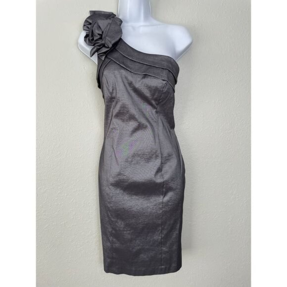 Xscape gray metallic one shoulder sheath midi dress formal 6 - Picture 1 of 12